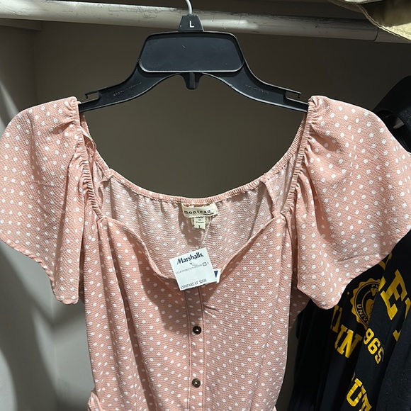 Pink and white polka dot midi dress with capped sleeves and belt - Picture 1 of 5